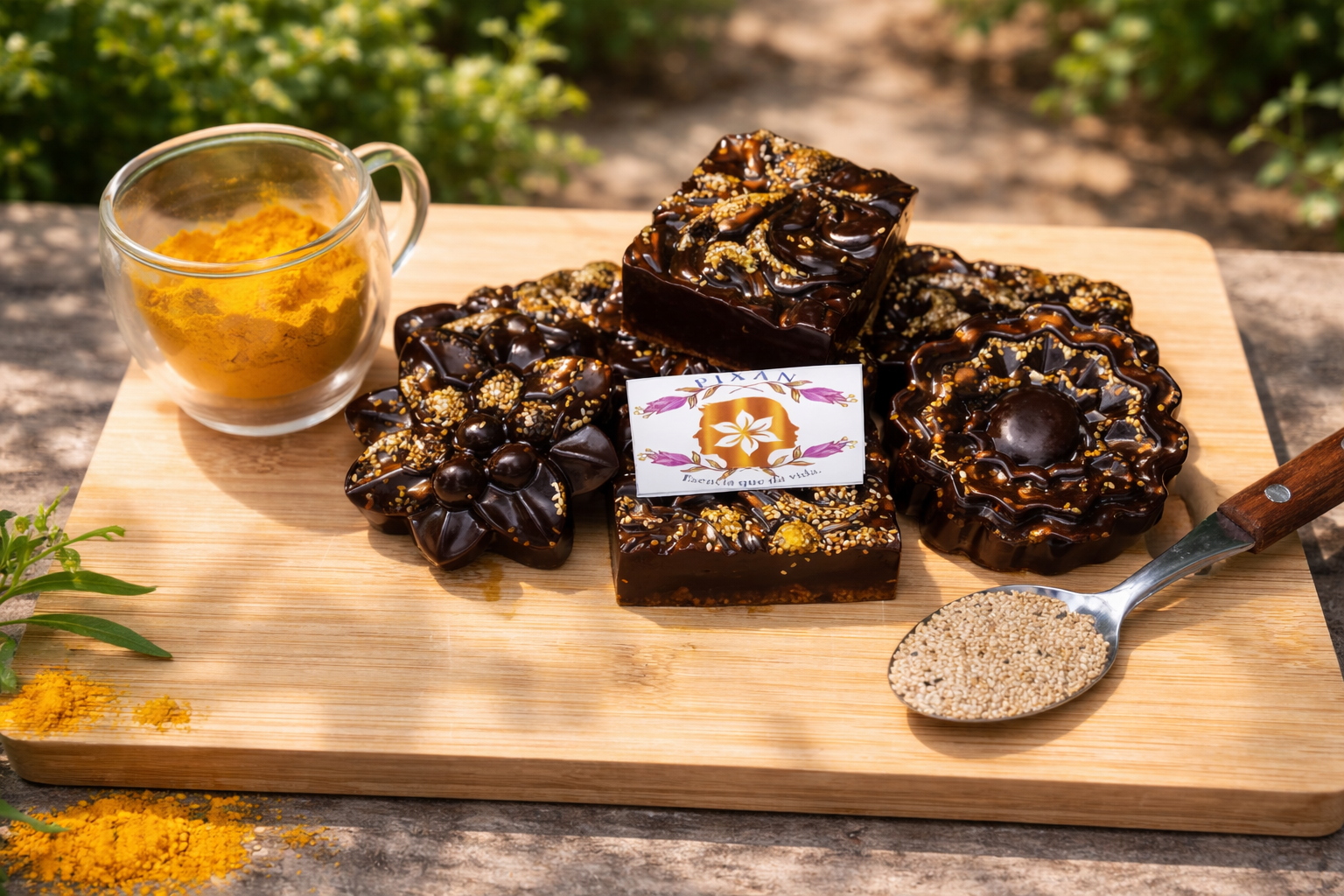 jabón pixani de curcuma sobre tabla de madera al aire libre