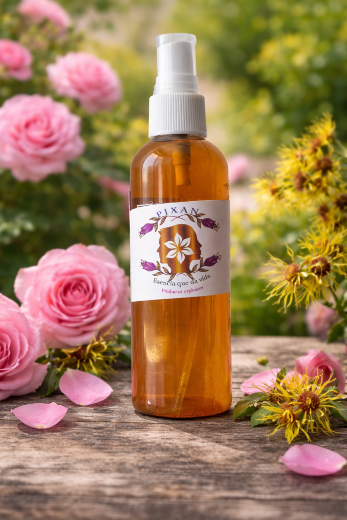 tonico facial pixani de rosas y hamamelis, sobre tabla de madera alado de rosas y flores de hamamelis