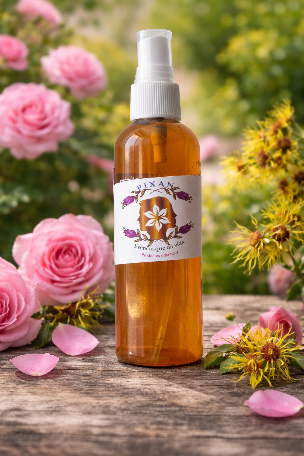 tonico facial pixani de rosas y hamamelis, sobre tabla de madera alado de rosas y flores de hamamelis