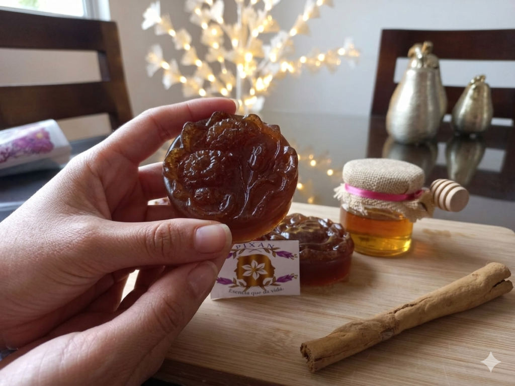 jabon pixani de miel sostenido por las manos de una chica.