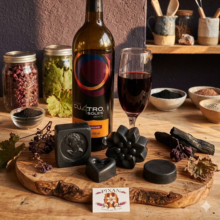 jabon pixani de vino tinto sobre mesa de madera en cocina rustica