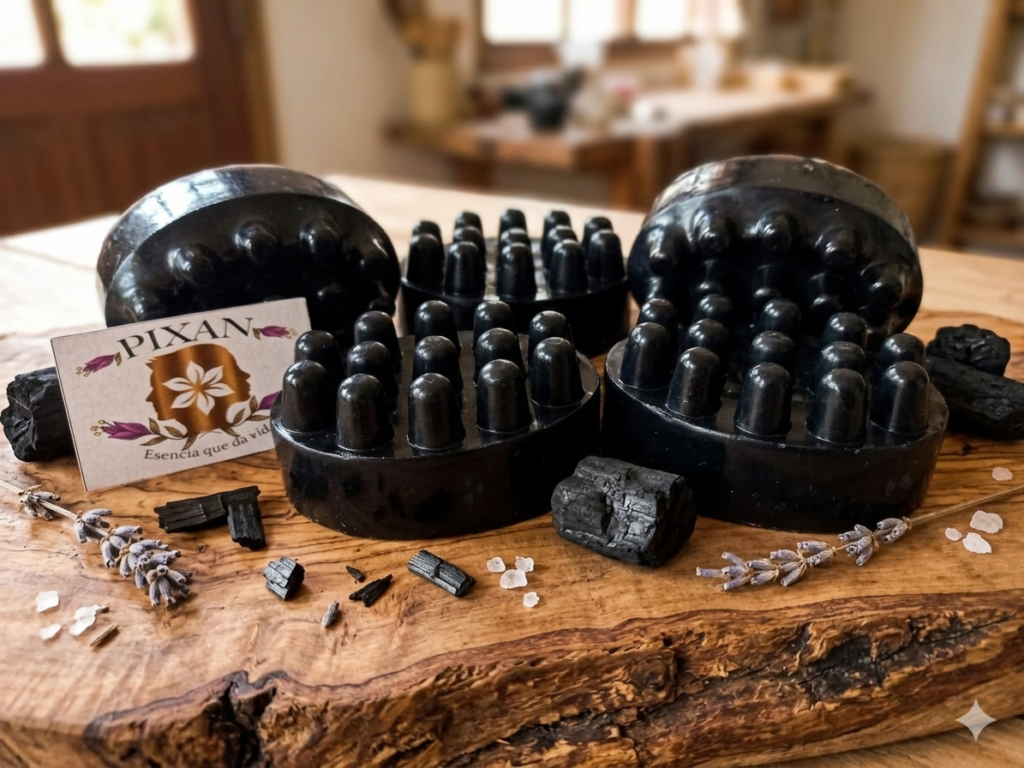 jabon pixani de carbon activado sobre tabla de madera