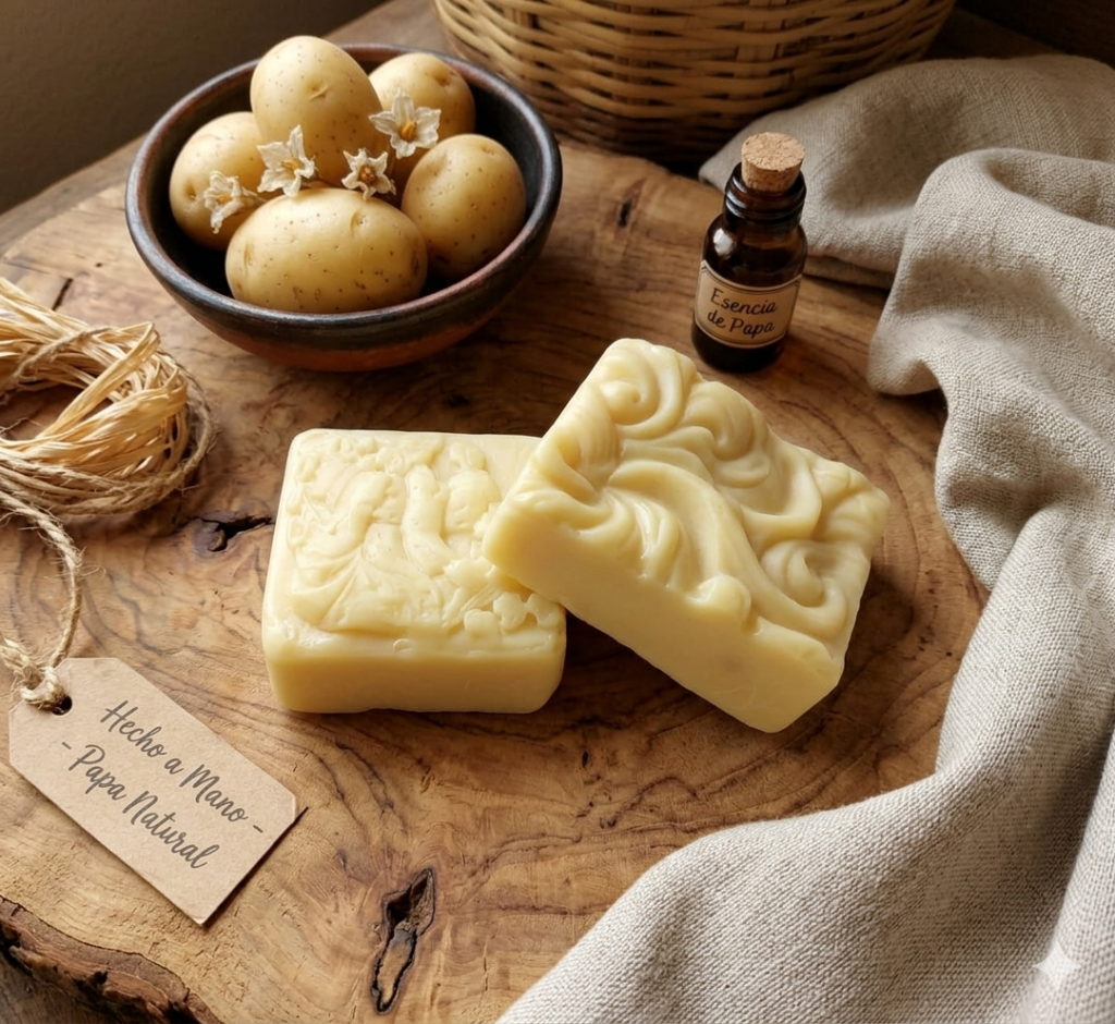jabón pixani de papa sobre tabla de madera junto a unas papas